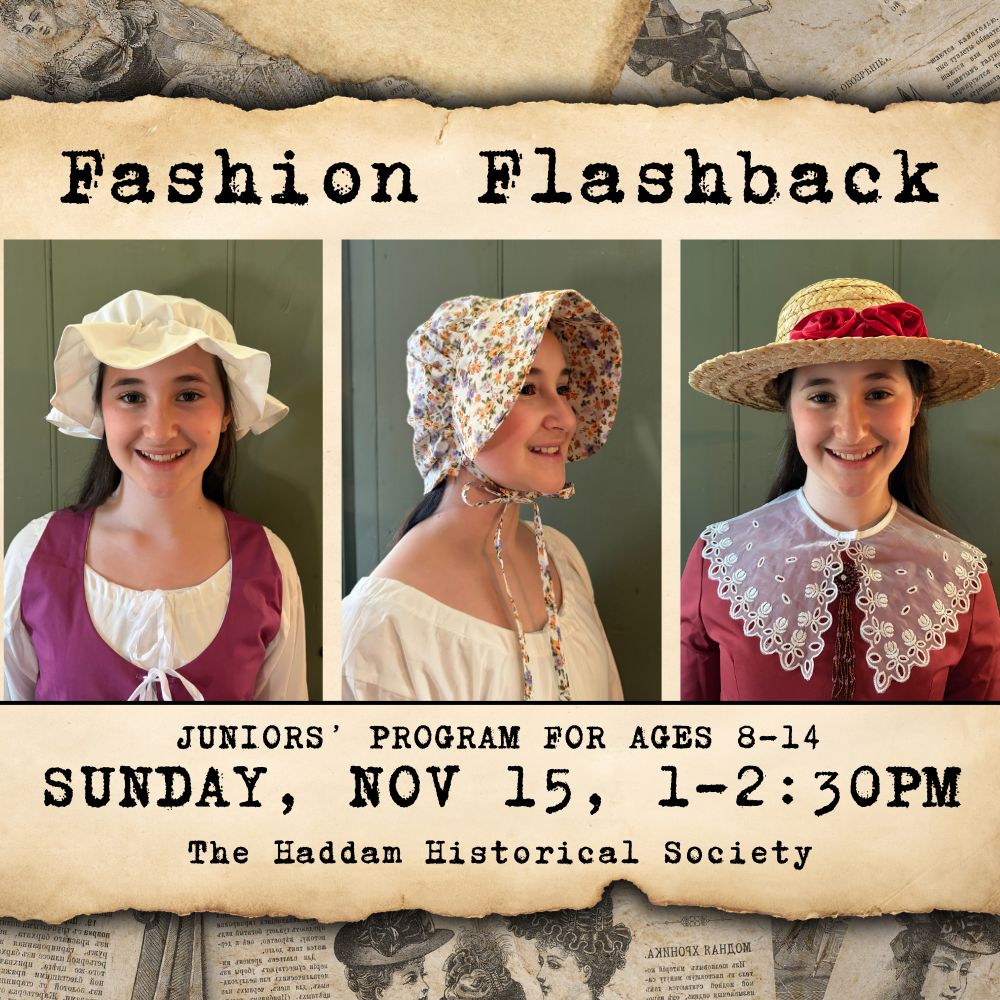 Graphic showing 3 hats in 18th- and 19th-century style to promote Fashion Flashback program for ages 8-14 on November 15 from 1-2:30pm