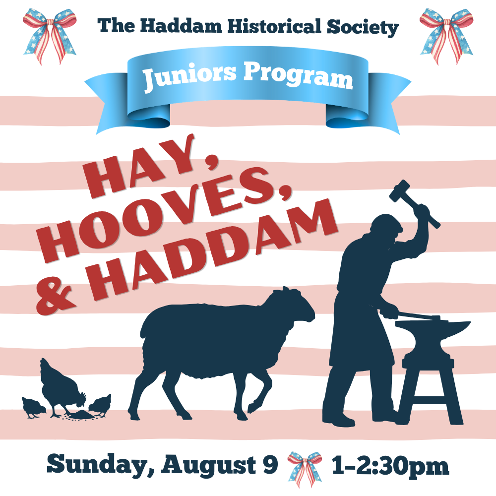 Patriotic-themed graphic that advertises the upcoming juniors' program Hay, Hooves, & Haddam
