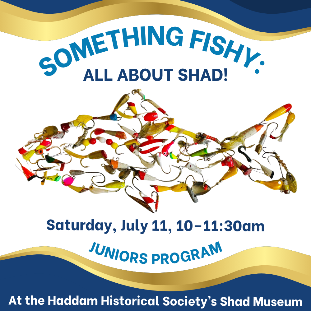 Artistic arrangement of hooks in the shape of a shad advertising the upcoming juniors' program Something Fishy: All About Shad